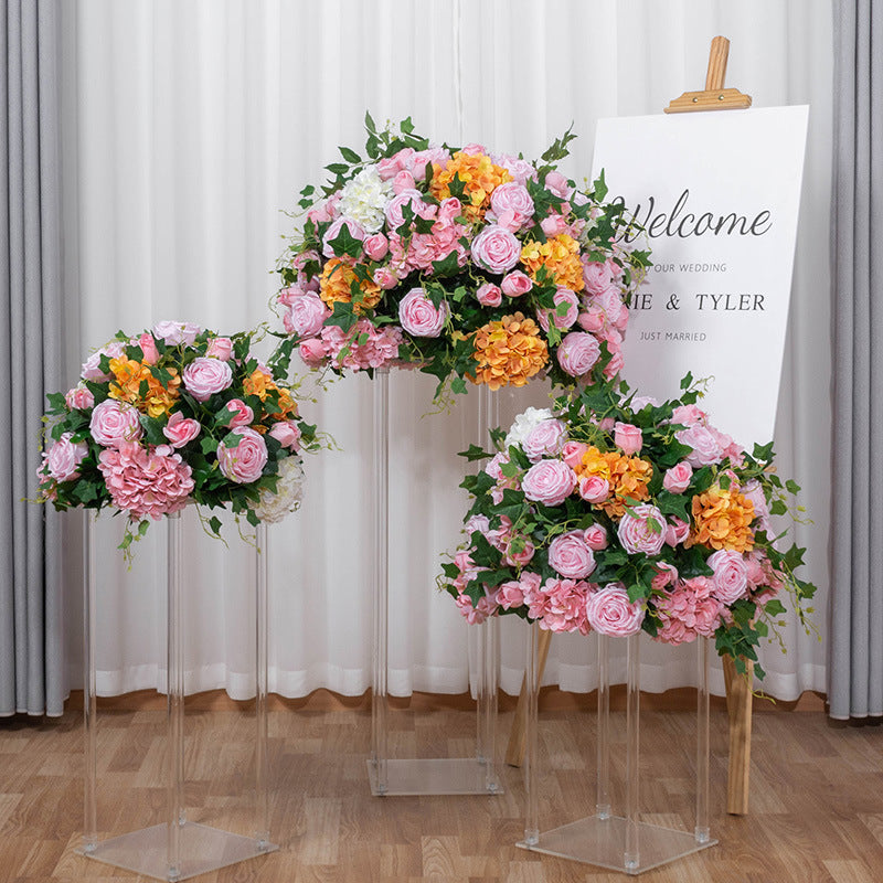 FB0007 Pink Hydrangea Rose Simulated Flower Ball With Leaves