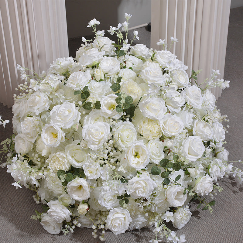 FB0017 White rose ball with leaves and baby's breath