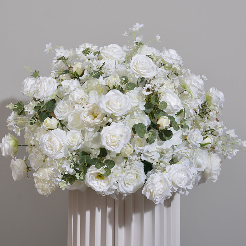 FB0017 White rose ball with leaves and baby's breath