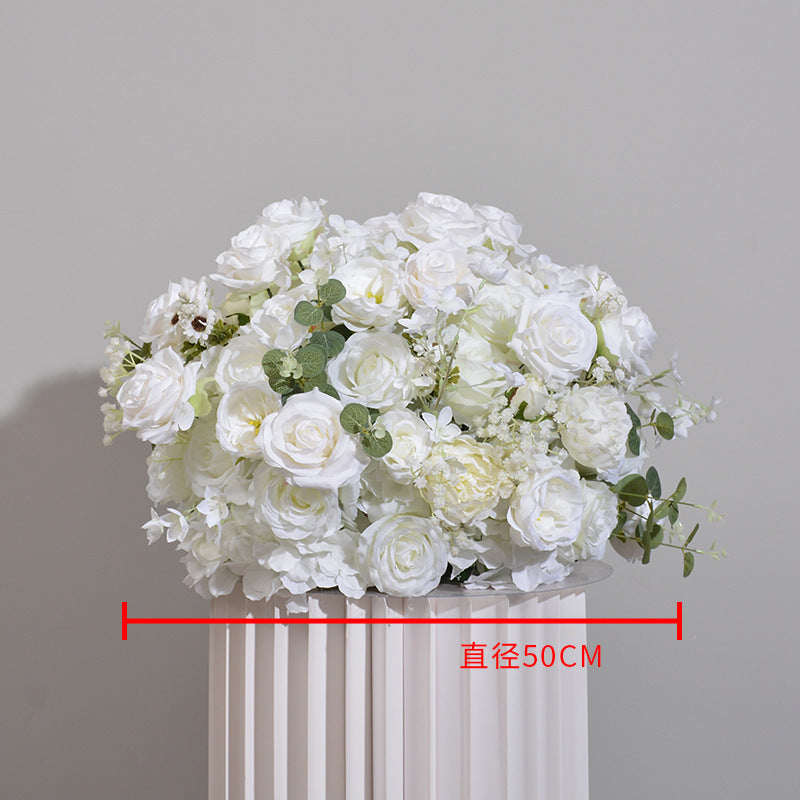 FB0017 White rose ball with leaves and baby's breath