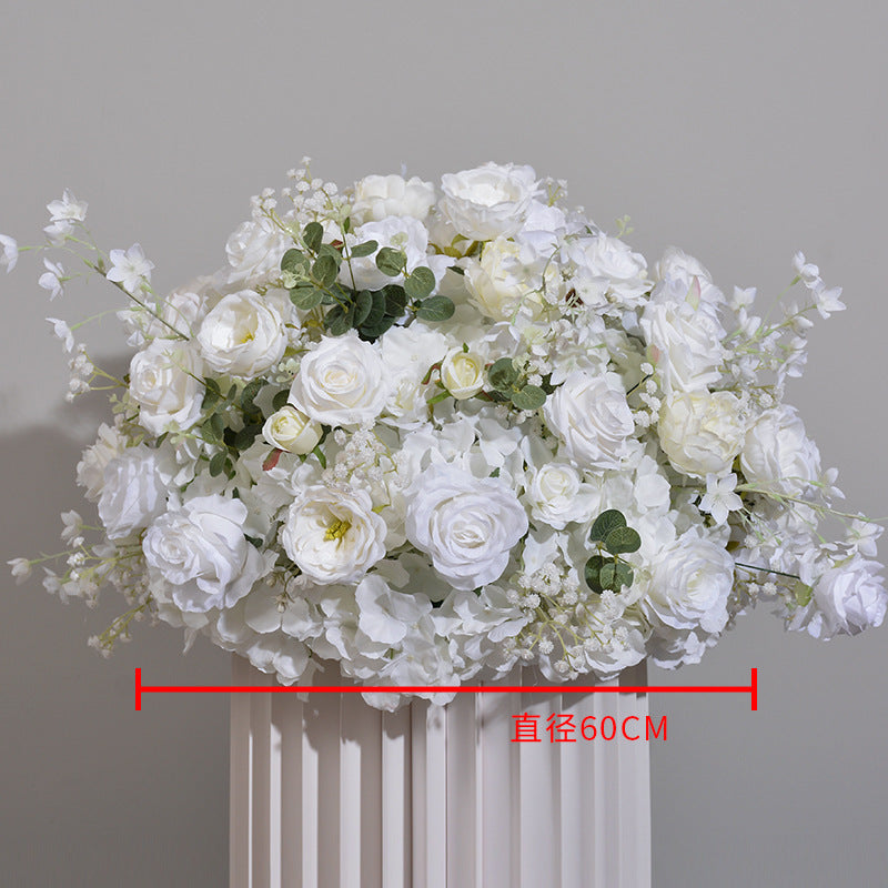 FB0017 White rose ball with leaves and baby's breath