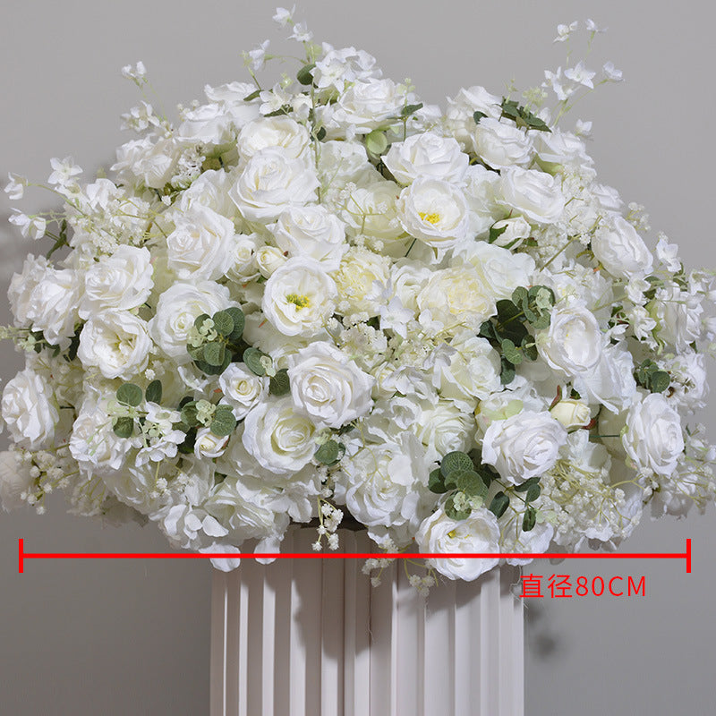 FB0017 White rose ball with leaves and baby's breath