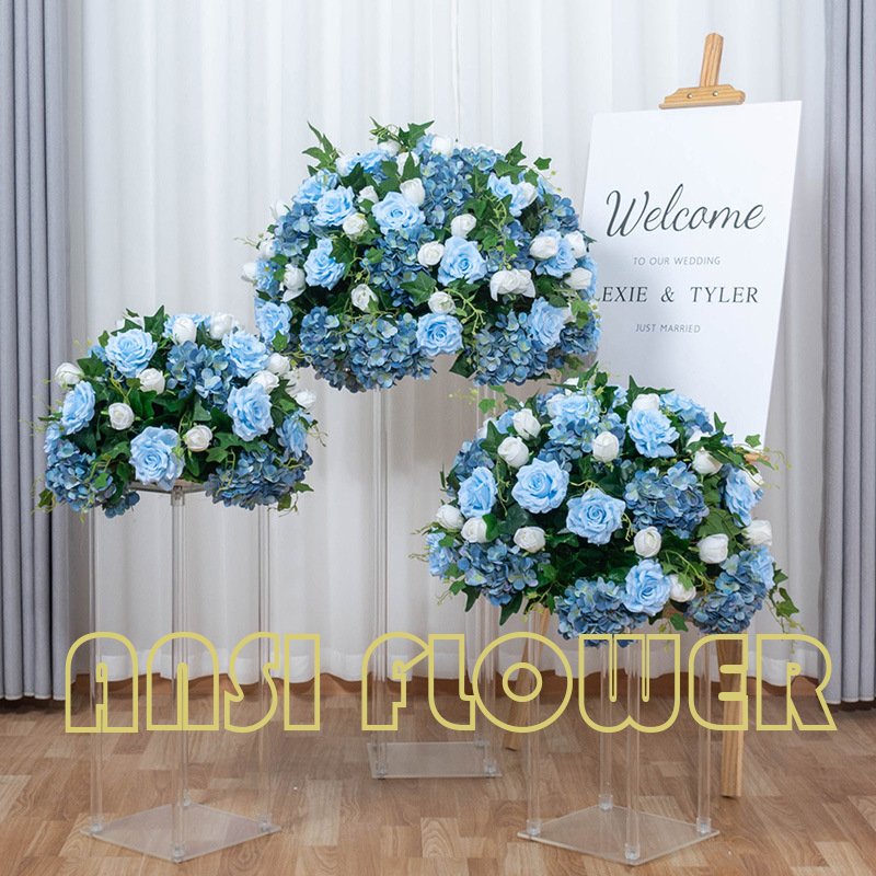 FB0009 Blue hydrangea rose simulated flower ball with leaves